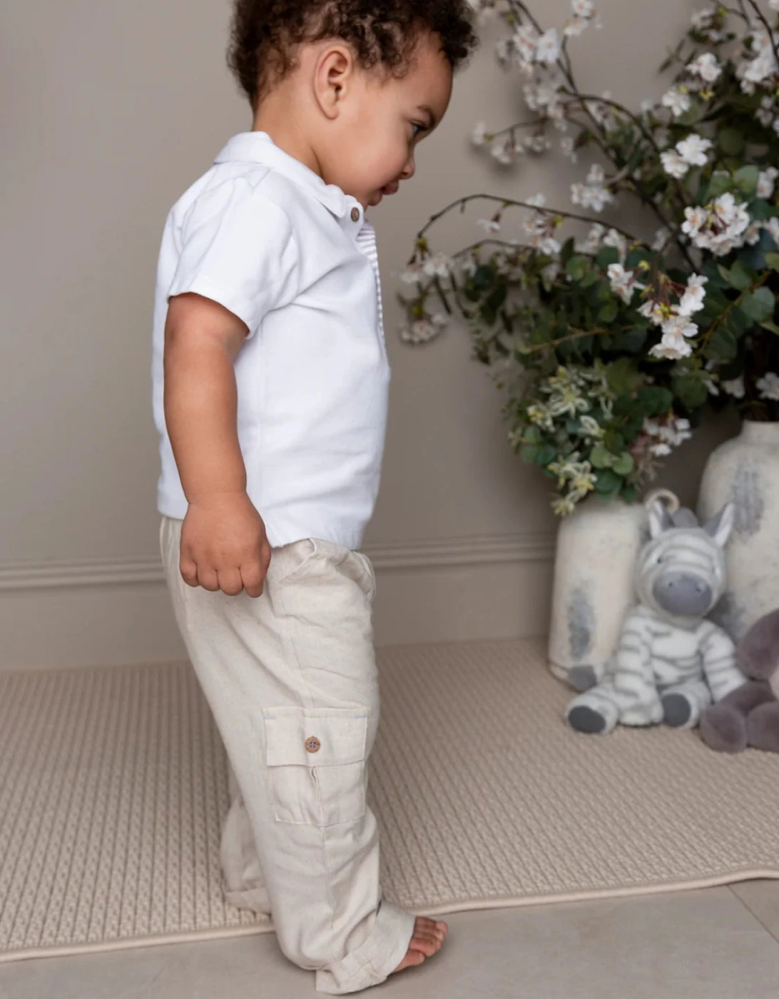 Boys Beige Linen Polo Pant Set