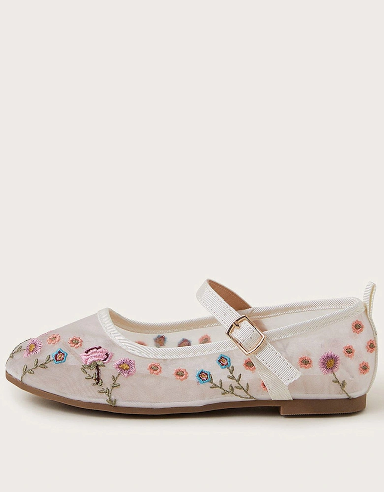 Girls Floral Embroidered Mesh Ballet Flat Pumps - Multi