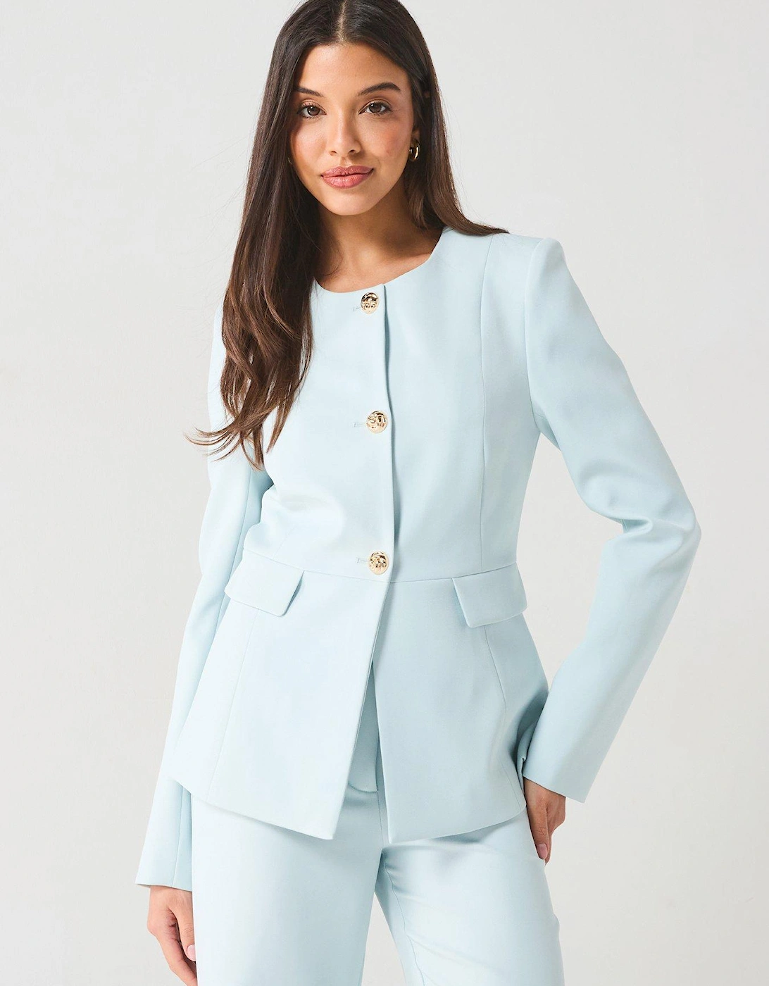 Tailored Round Neck Blazer - Blue, 6 of 5