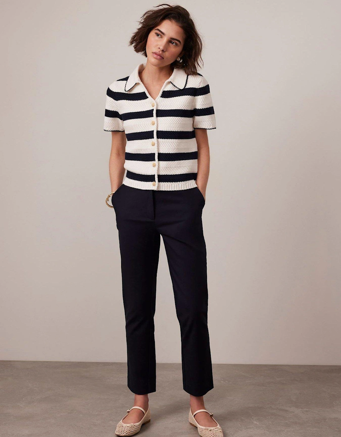 Navy Cropped Tapered Trousers, 2 of 1