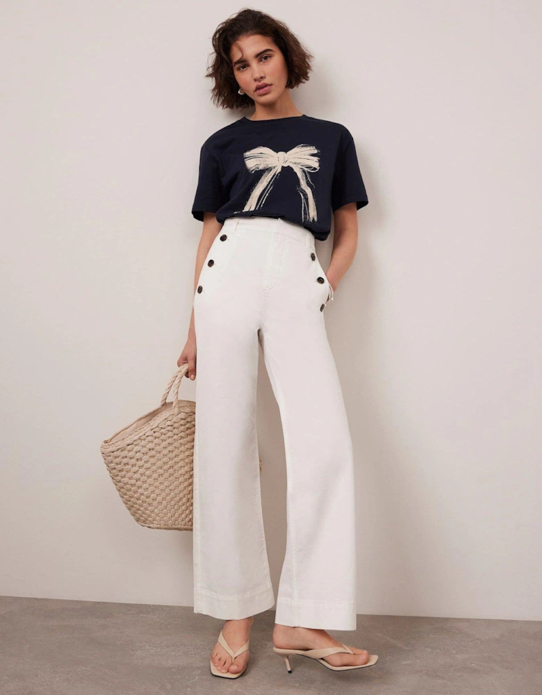 White Button Detail Cropped Trousers - Ivory