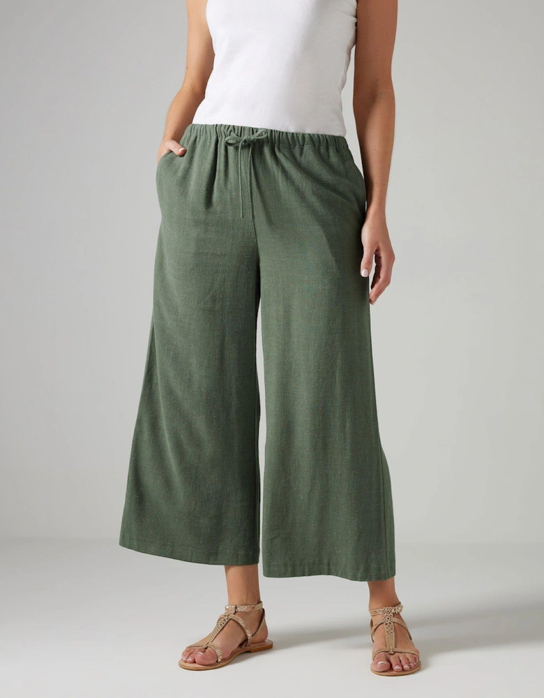 Wide Leg Linen Crop Trouser - Green