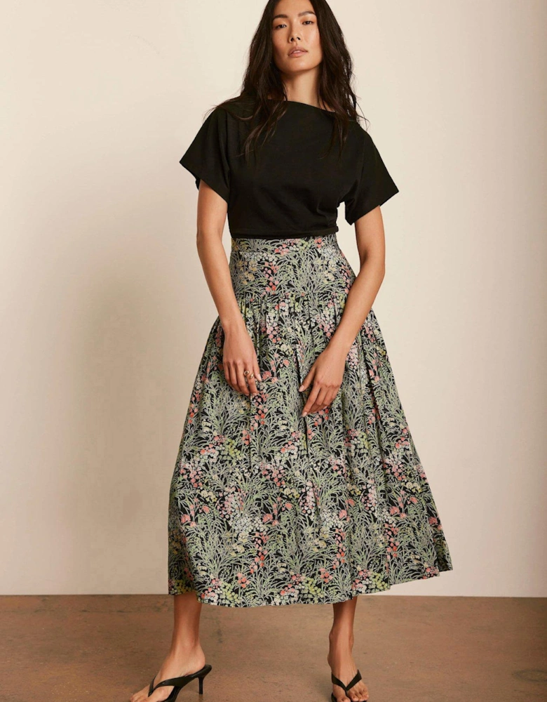 Green Floral Print Midi Skirt