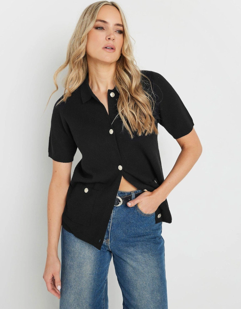 Short Sleeve Boxy Knit Cardigan - Black