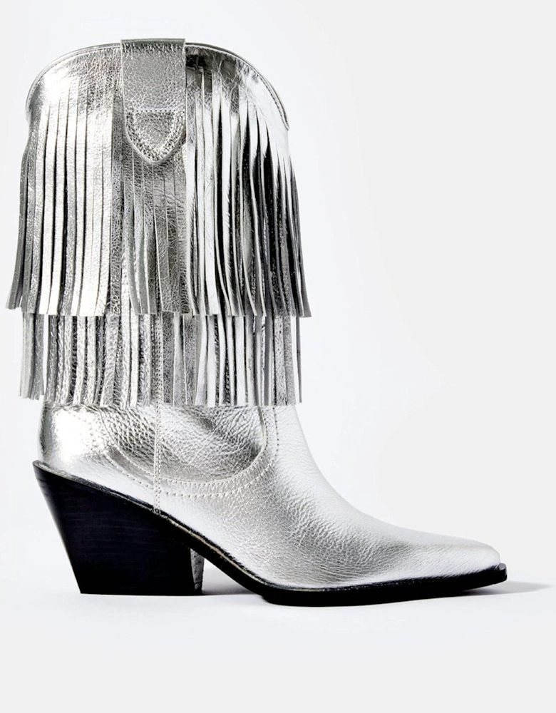 Annie Silver Leather Fringed Cowboy Boots