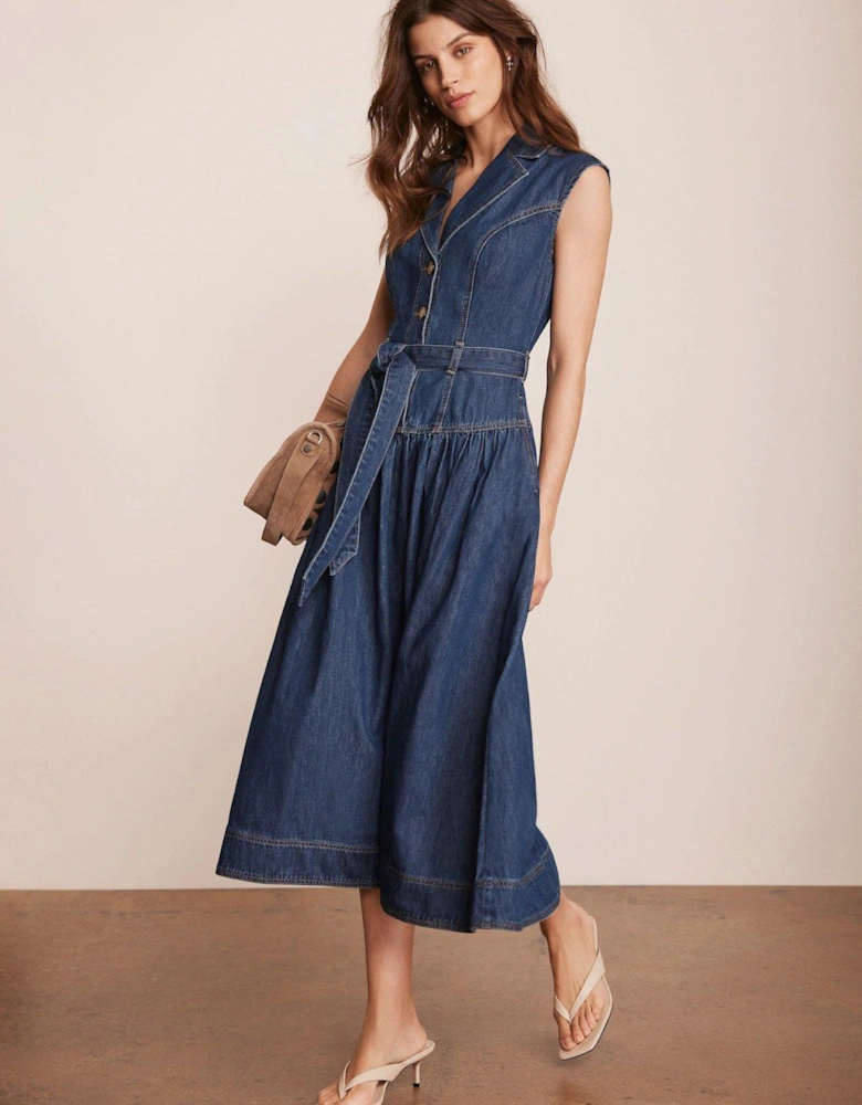 Dark Indigo Drop Waist Collared Denim Dress