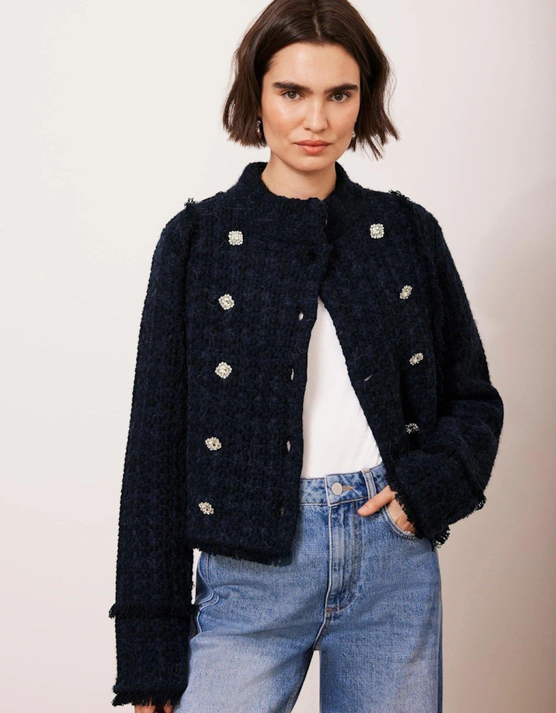 Navy Cotton Blend Boucle Knit Jacket