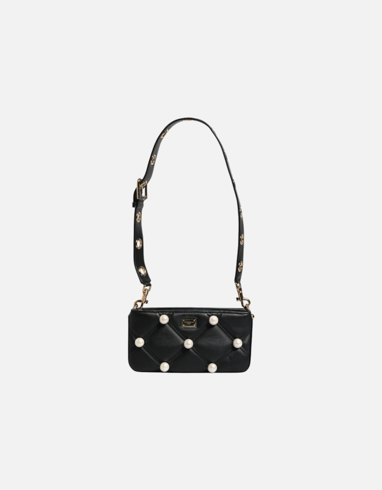 Embellished Leather Shoulder Bag with Faux Pearl Detailing Women -