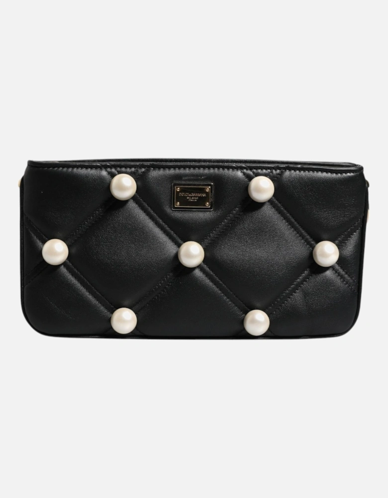 Embellished Leather Shoulder Bag with Faux Pearl Detailing Women -