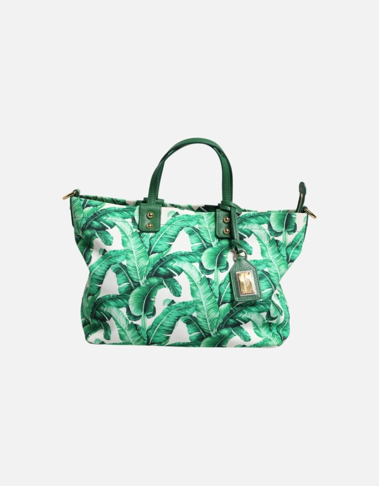 Cotton Canvas Tote Bag with Banana Leaf Pattern Women - Green