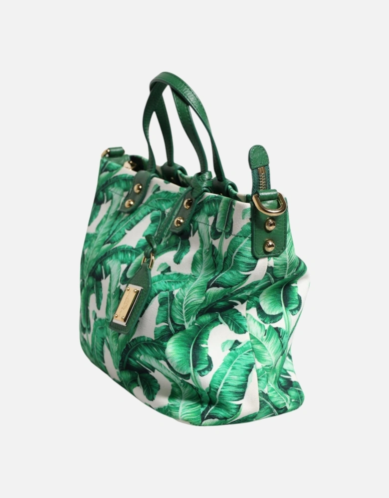 Cotton Canvas Tote Bag with Banana Leaf Pattern Women - Green