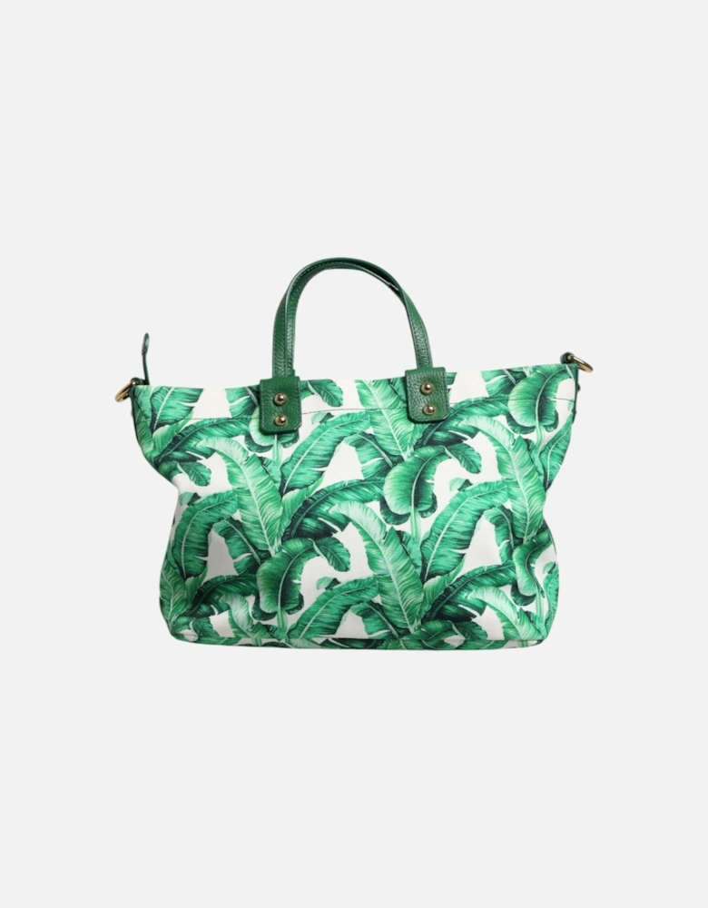 Cotton Canvas Tote Bag with Banana Leaf Pattern Women - Green