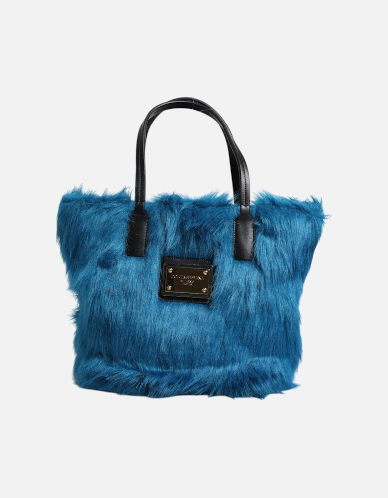 Leather and Fur Shoulder Bag with Silver Details Women - Blue