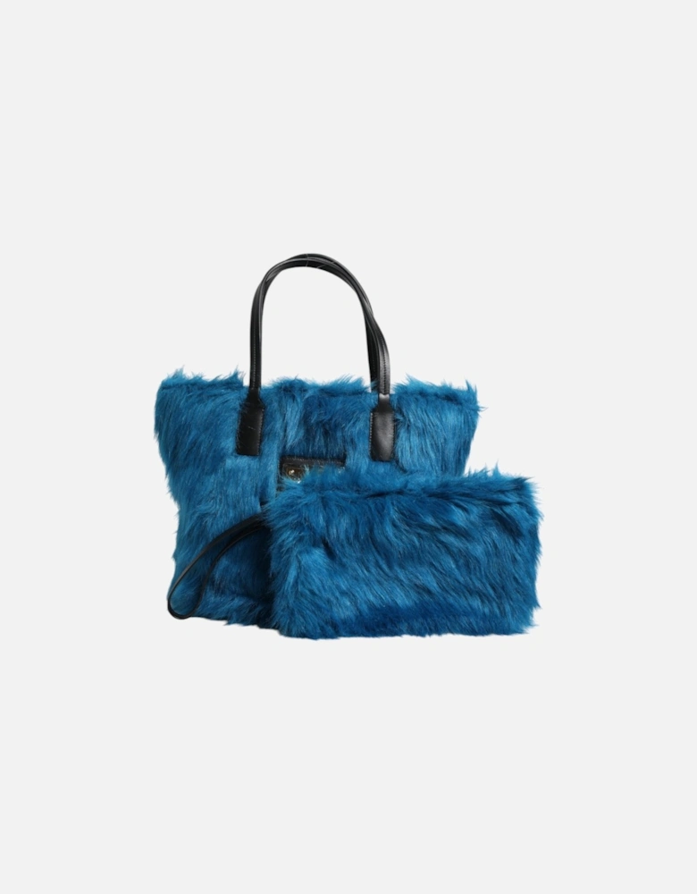 Leather and Fur Shoulder Bag with Silver Details Women - Blue