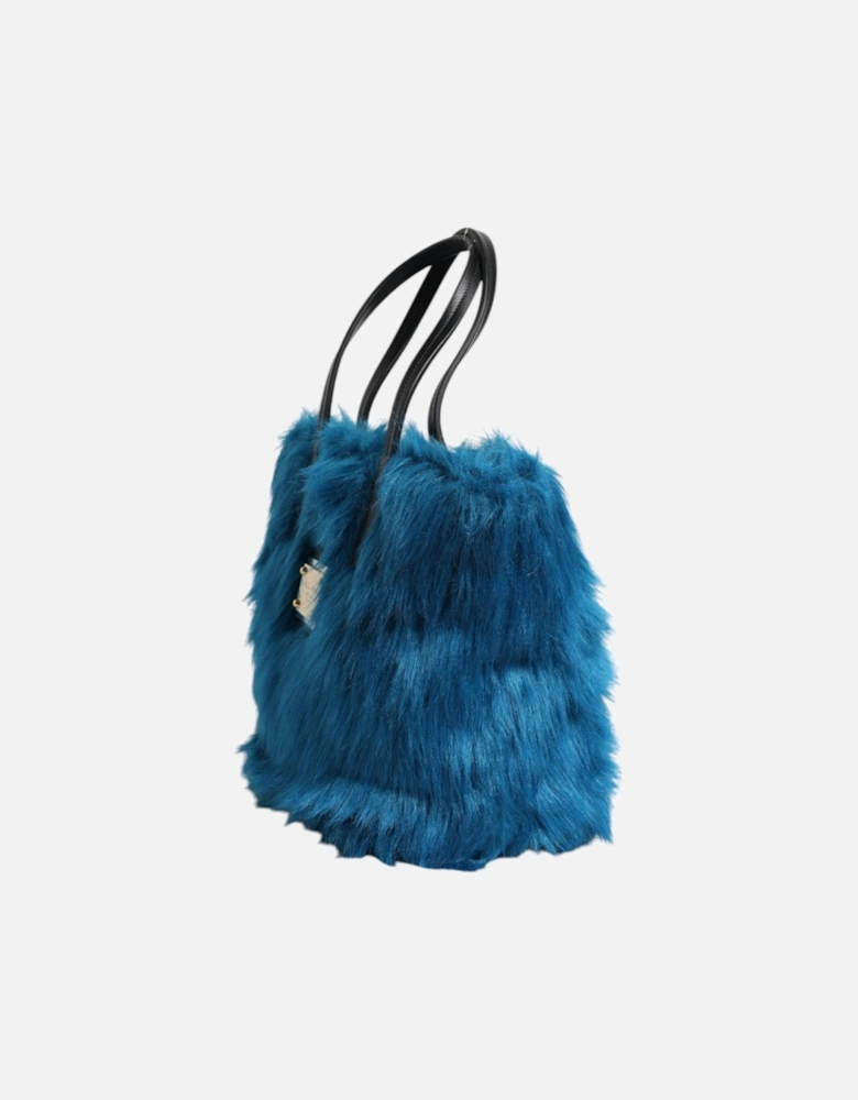 Leather and Fur Shoulder Bag with Silver Details Women - Blue