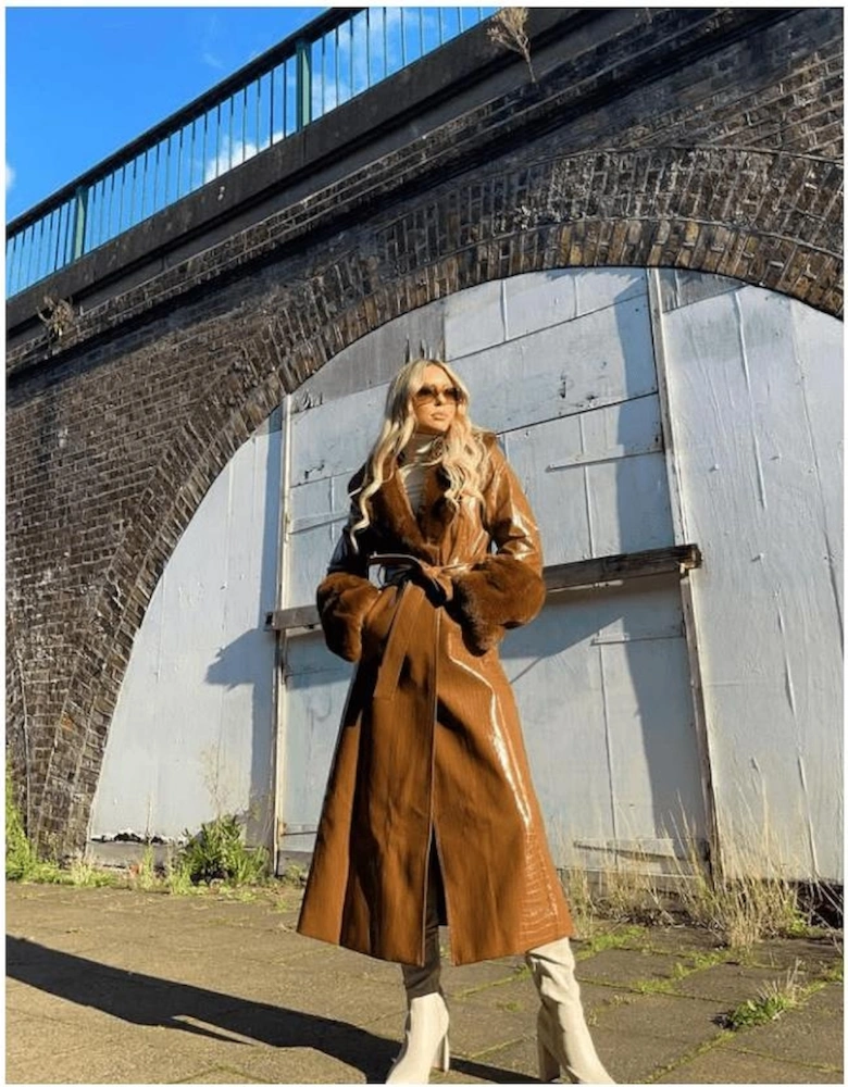 Chocolate Faux Leather Jacket With Detachable Faux Fur Cuffs & Collar