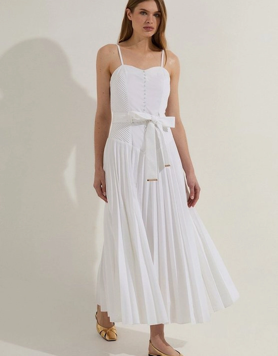 Petite Cotton Top Stitch Dropped Waist Woven Strappy Midi Dress