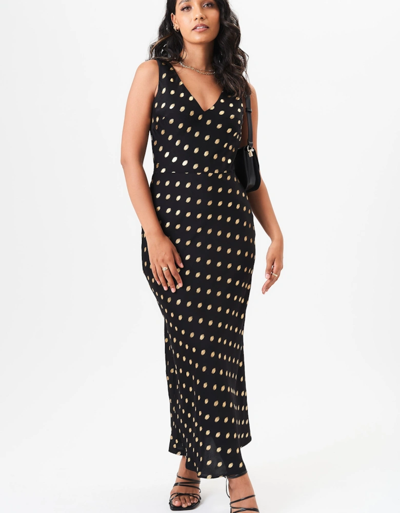 Black V Neck Bias Foil Satin Slip Midi Dress