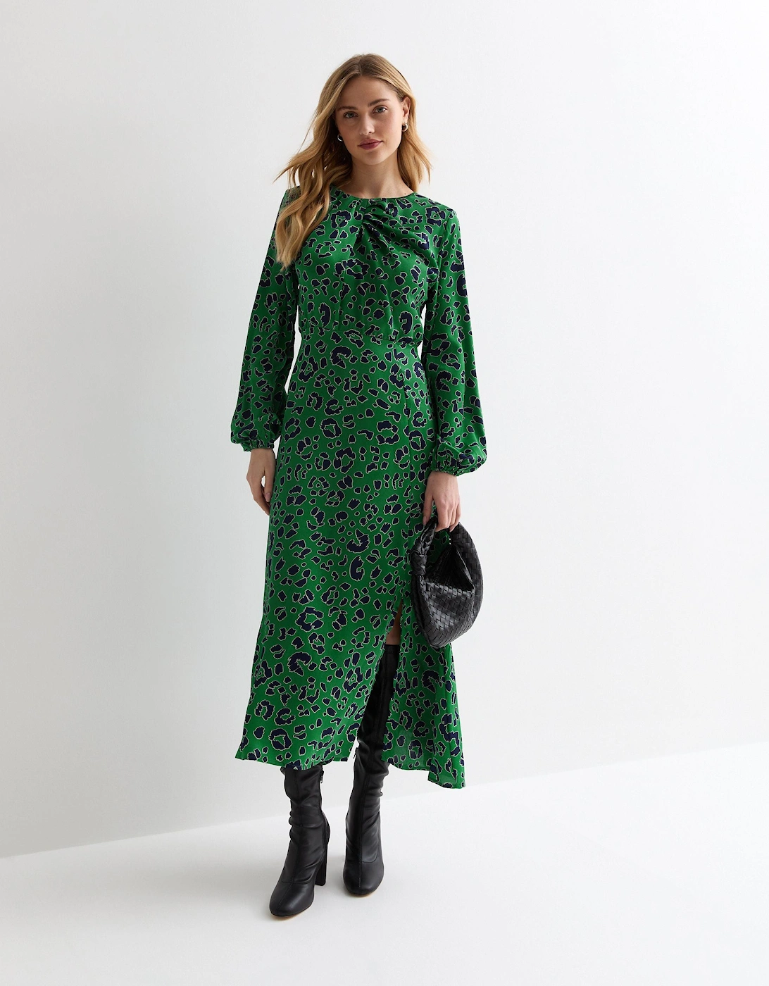 Green Animal Twist Neck Long Sleeves Midi Dress, 5 of 4