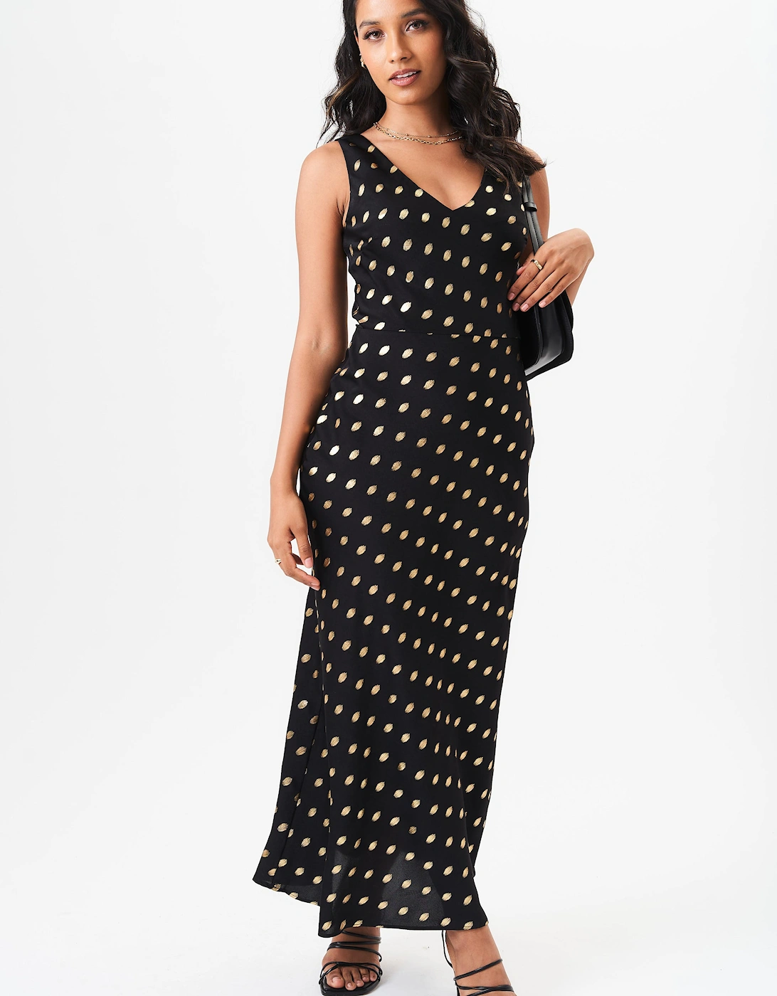 Black V Neck Bias Foil Satin Slip Midi Dress