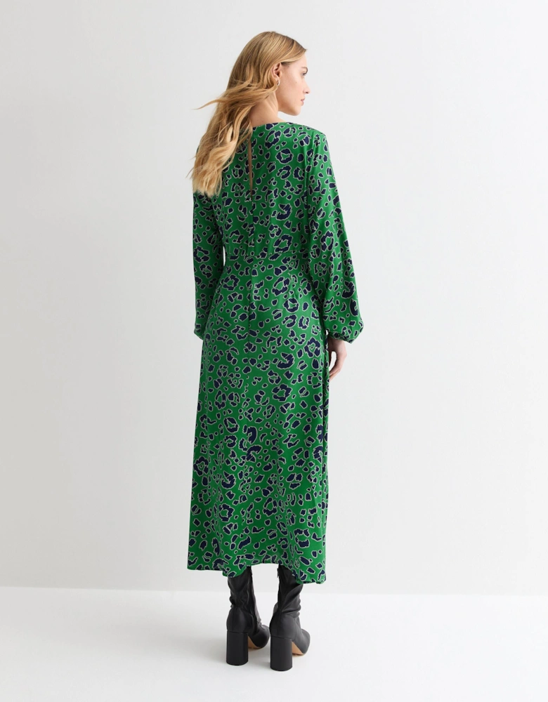 Green Animal Twist Neck Long Sleeves Midi Dress