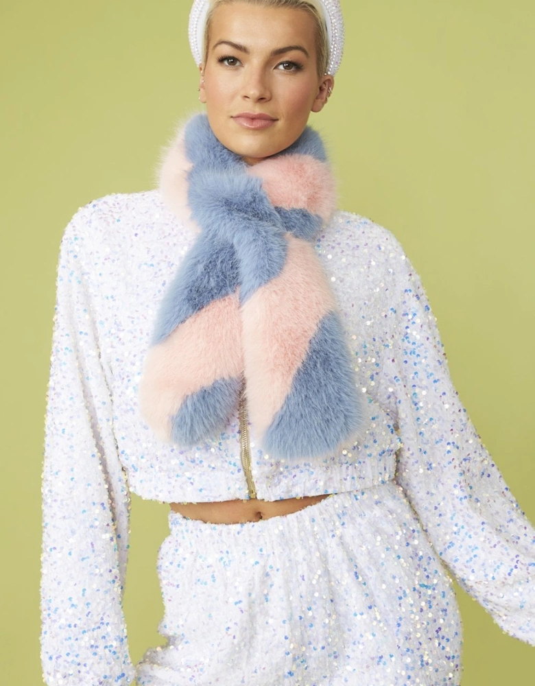 Pink And Blue Faux Fur Barber Style Scarf