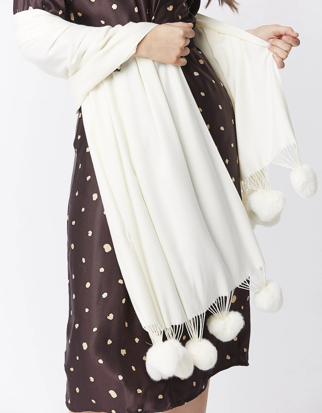 Cream Cashmere Blend Wrap with Faux Fur Heart Poms