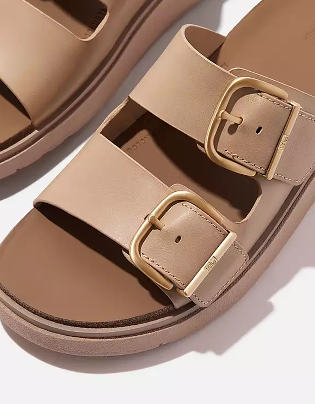 Women's Gen-FF Buckle Two-Bar Leather Slides Classic Beige