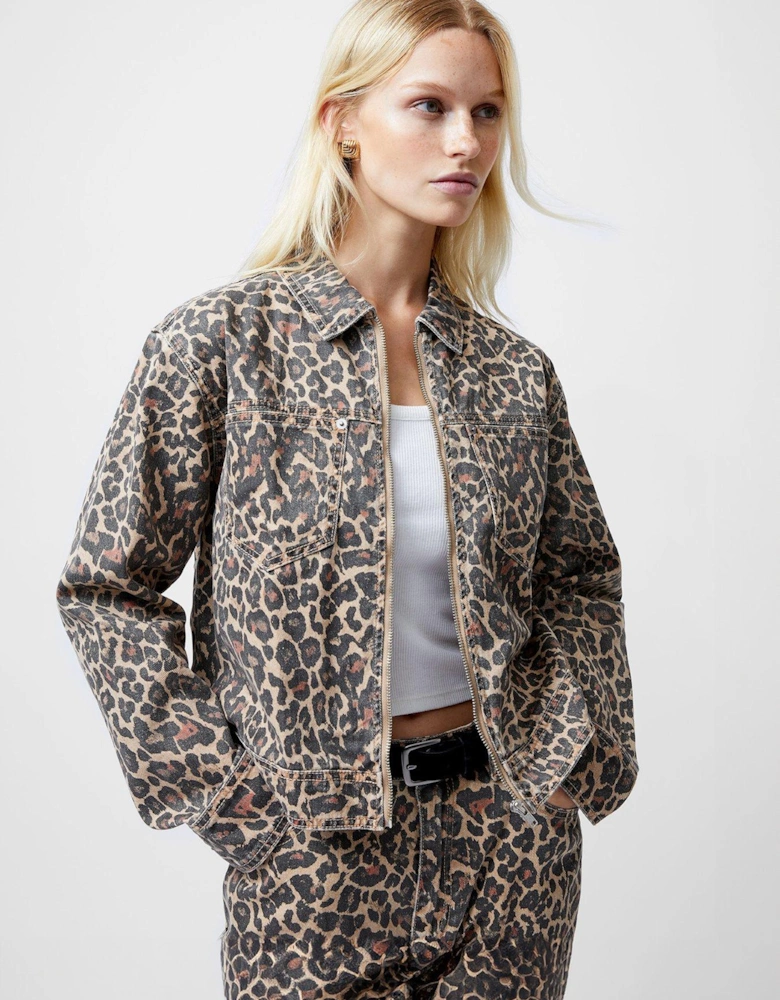 Cotton Leopard Print Zip-Up Denim Jacket