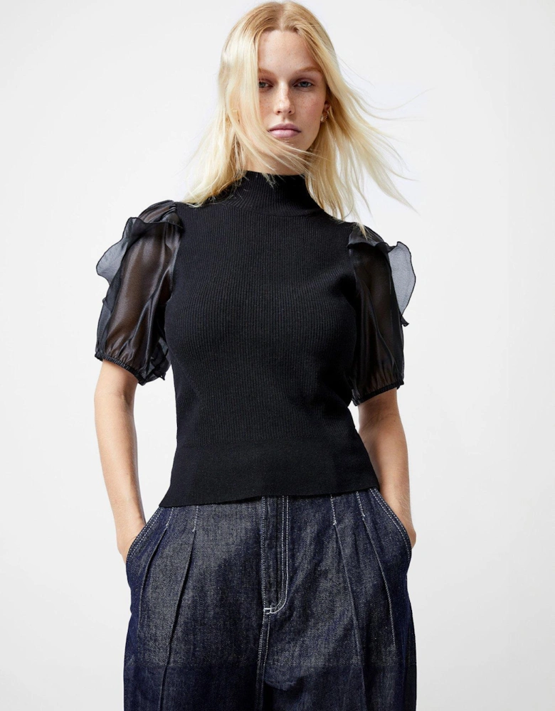 High Neck Short Sleeve Organza Ruffle Sleeve Top - Black