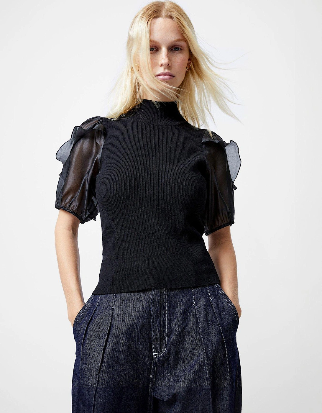 High Neck Short Sleeve Organza Ruffle Sleeve Top - Black, 2 of 1