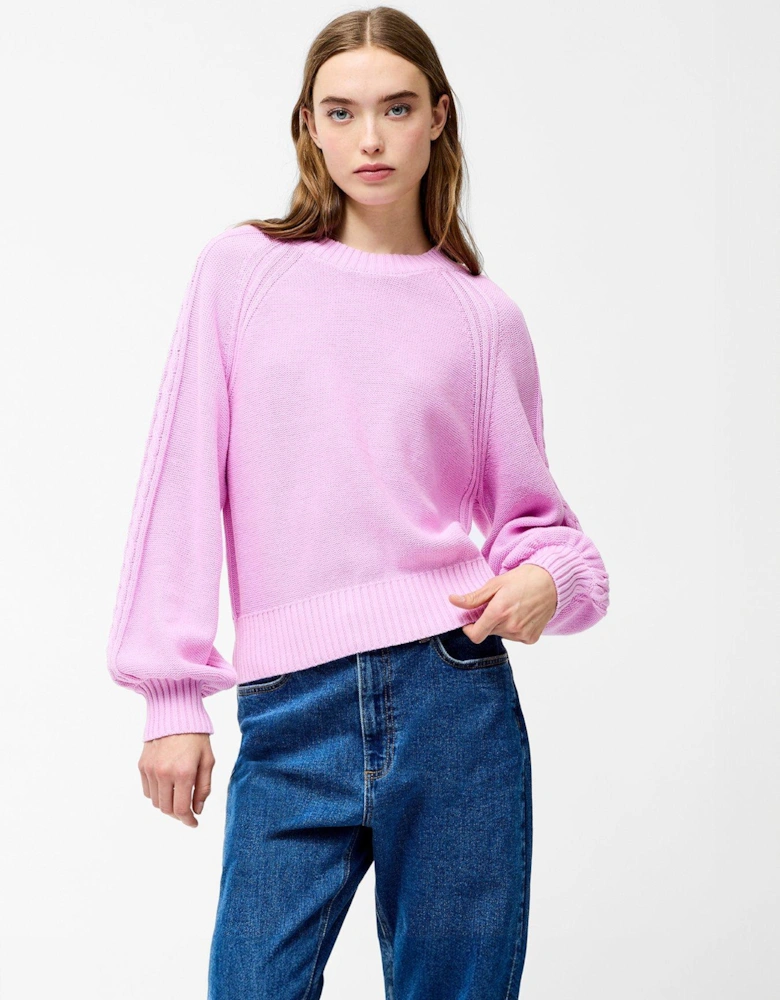 Cable Knit Braided Long Balloon Sleeve Jumper - Pink