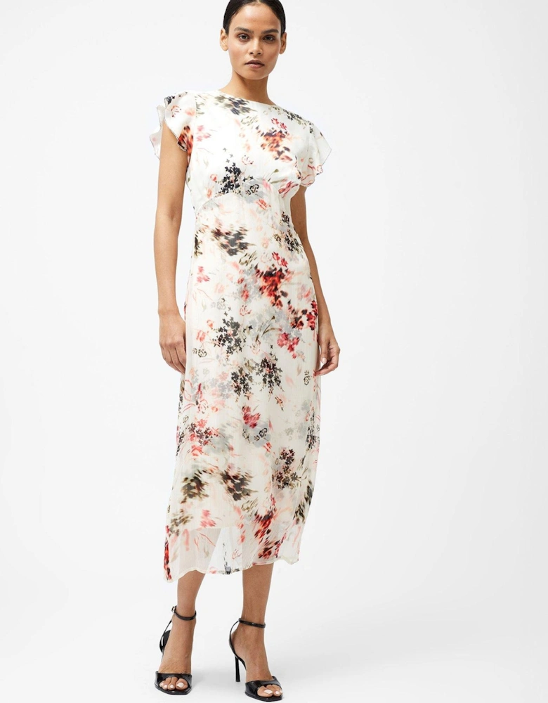 Satin Overlay Floral Print Short Frill Sleeve Midi Dress