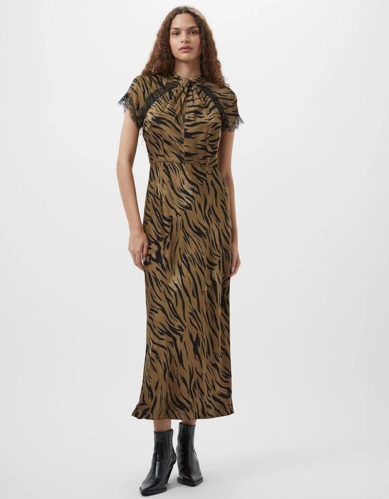 Animal Print Satin Lace Short Sleeve Midi Dress