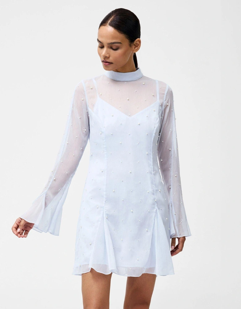 Chiffon High Neck Frill Sleeve Pearl Mini Dress