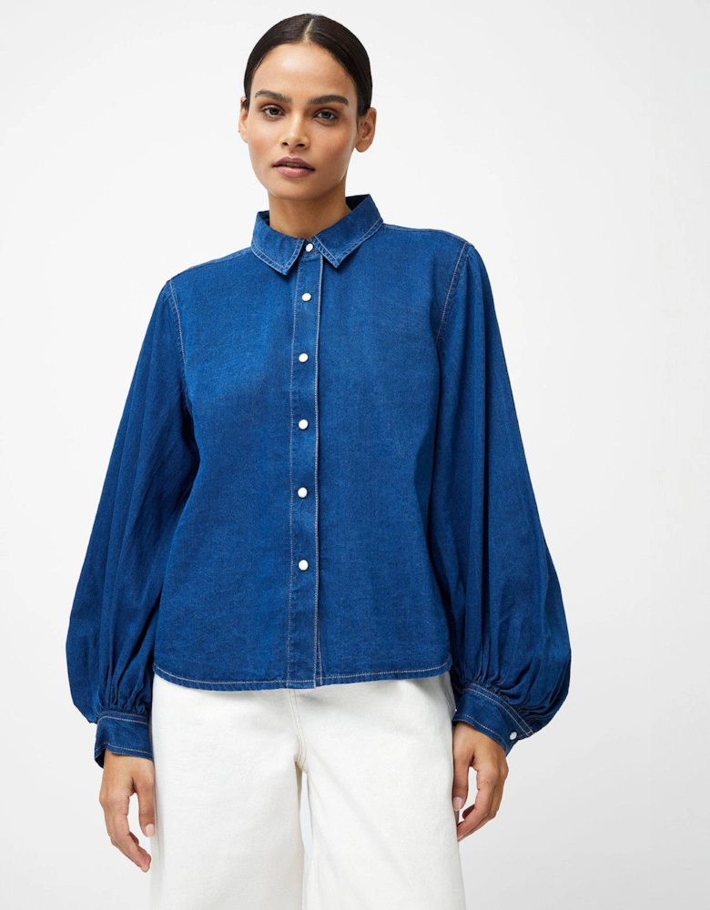 Cotton Chambray Balloon Sleeve Relaxed Fit Button Up Shirt