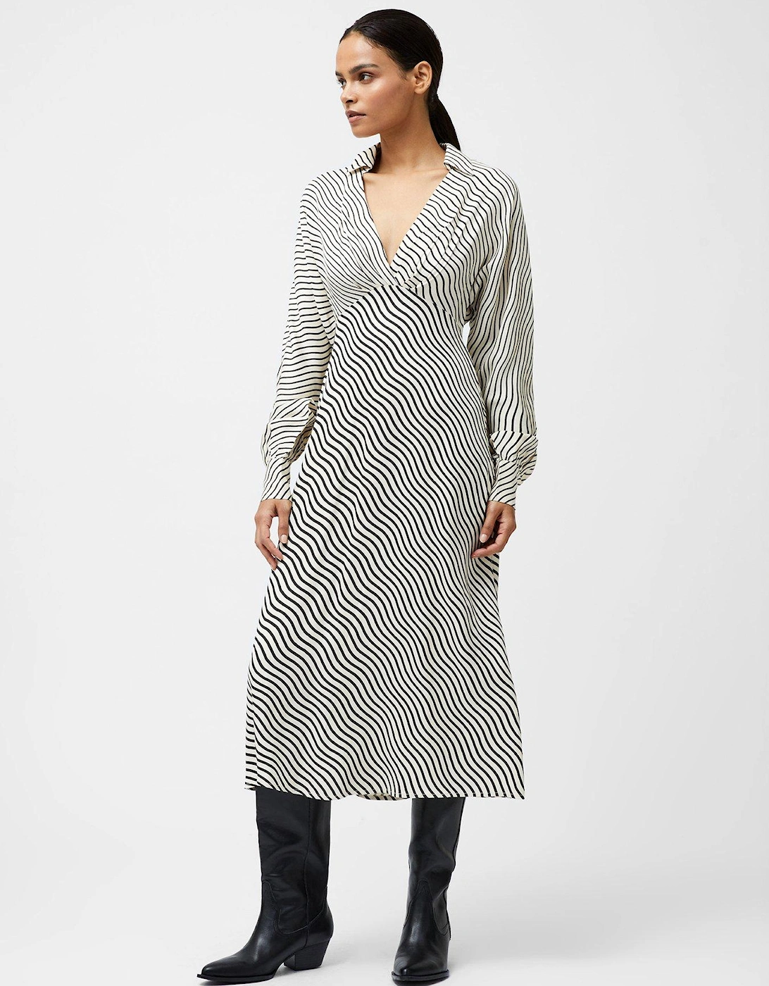 Long Sleeve Striped Satin V-Neck Collar Midi Dress, 2 of 1