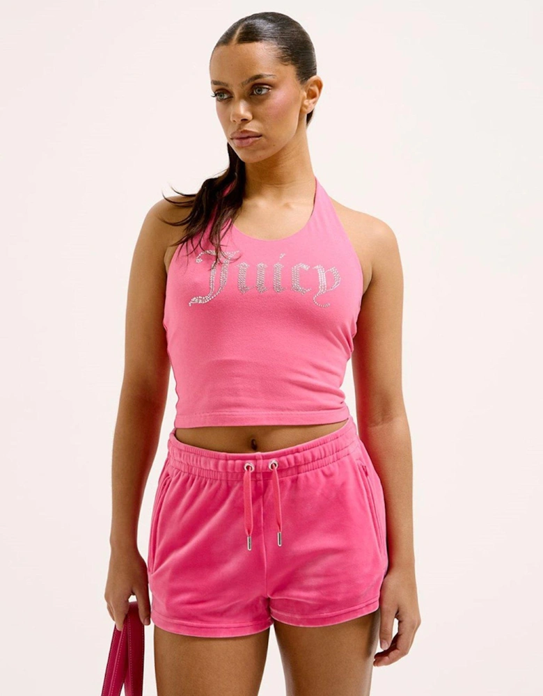 Velour Track Shorts With Diamante Logo - Pink