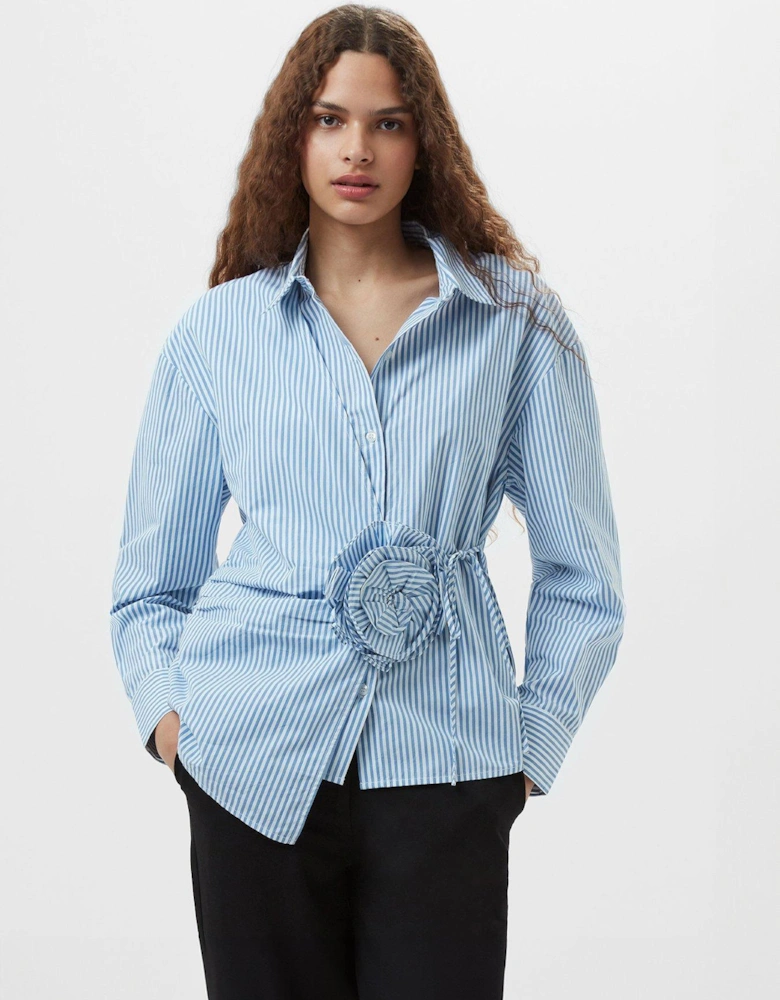 Cotton Striped Button Up Shirt with Floral Design Waist Tie