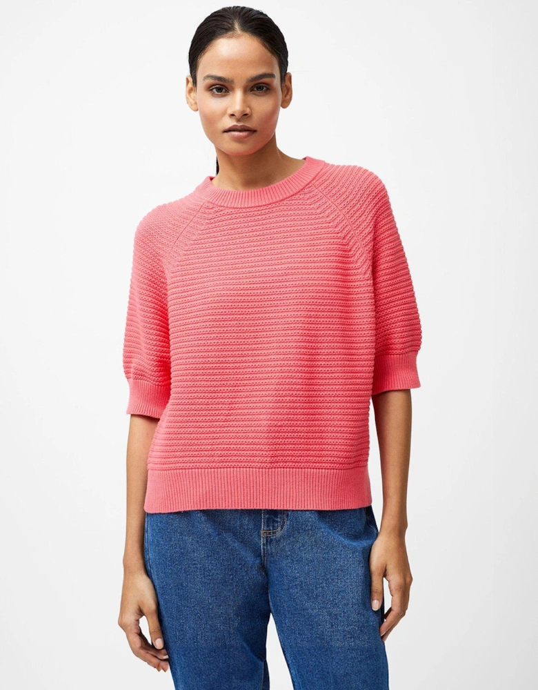 Cotton Knit Round Neck Short Sleeve Top With Split Hem