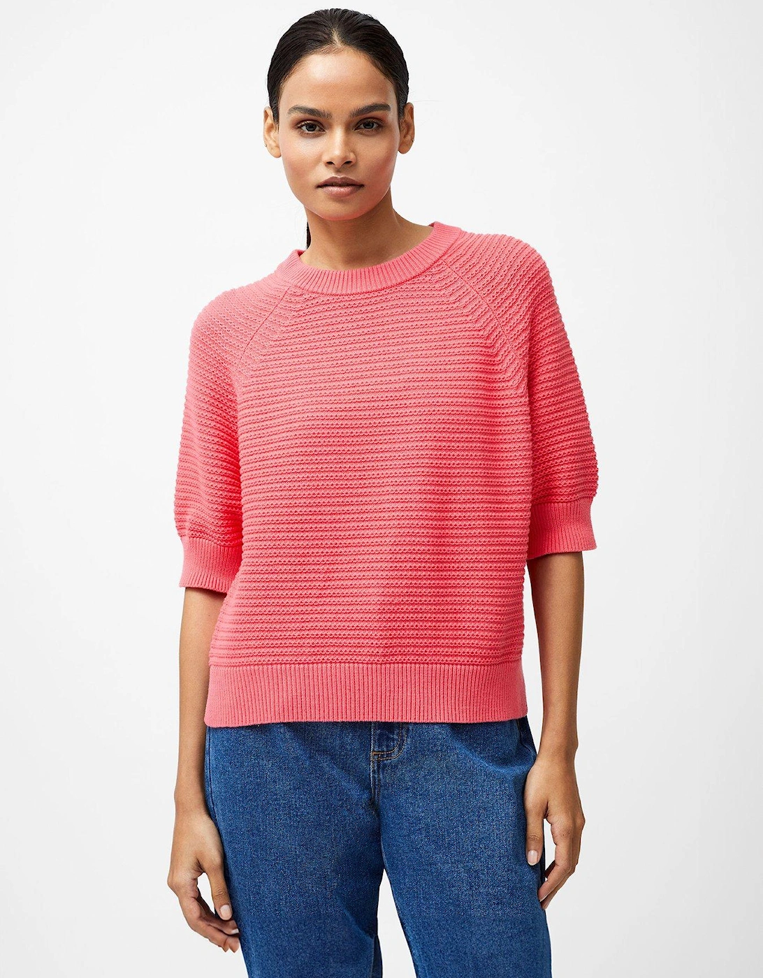 Cotton Knit Round Neck Short Sleeve Top With Split Hem, 2 of 1