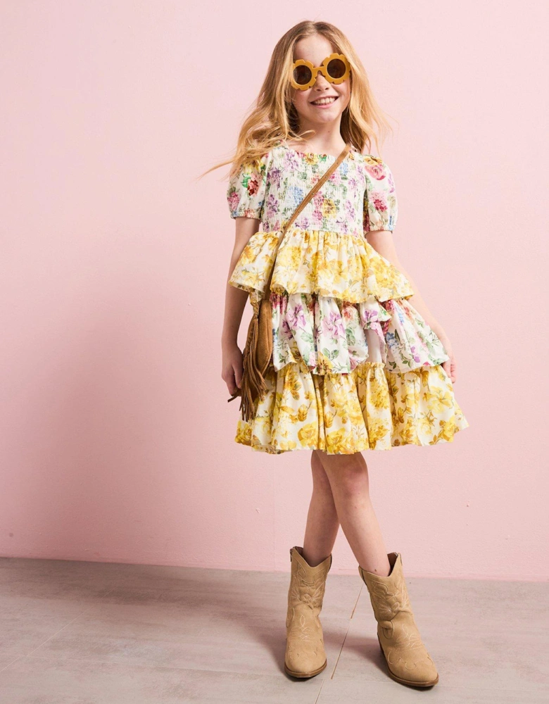 Girls Floral Print Puff Sleeve Tiered Dress - Yellow