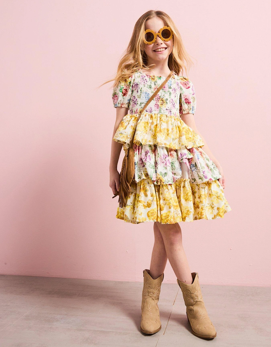 Girls Floral Print Puff Sleeve Tiered Dress - Yellow, 2 of 1