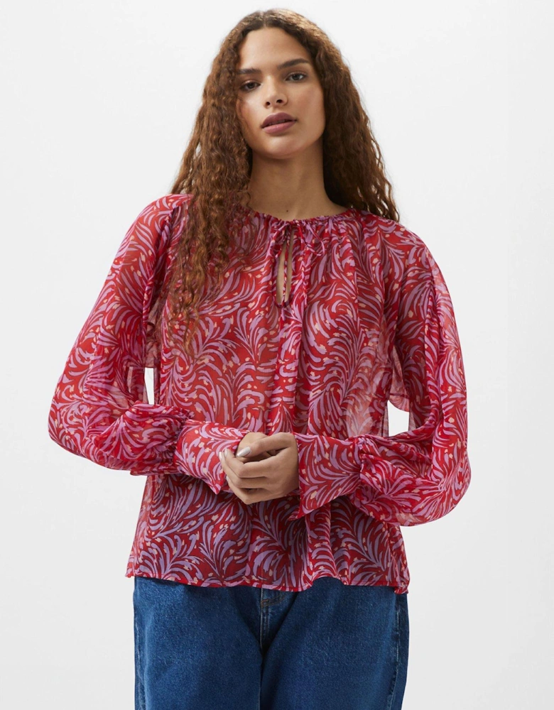 Ruched Chiffon Long Sleeve Keyhole Neck Printed Blouse