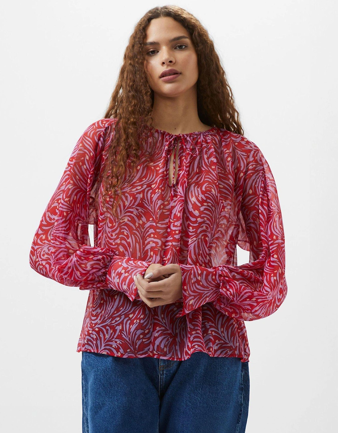 Ruched Chiffon Long Sleeve Keyhole Neck Printed Blouse, 2 of 1