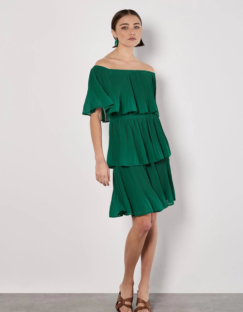 Summer Plisse Layered Bardot Dress - Green