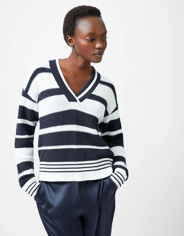 Cable Knit Varsity-Style V-Neck Stripe Jumper - Navy