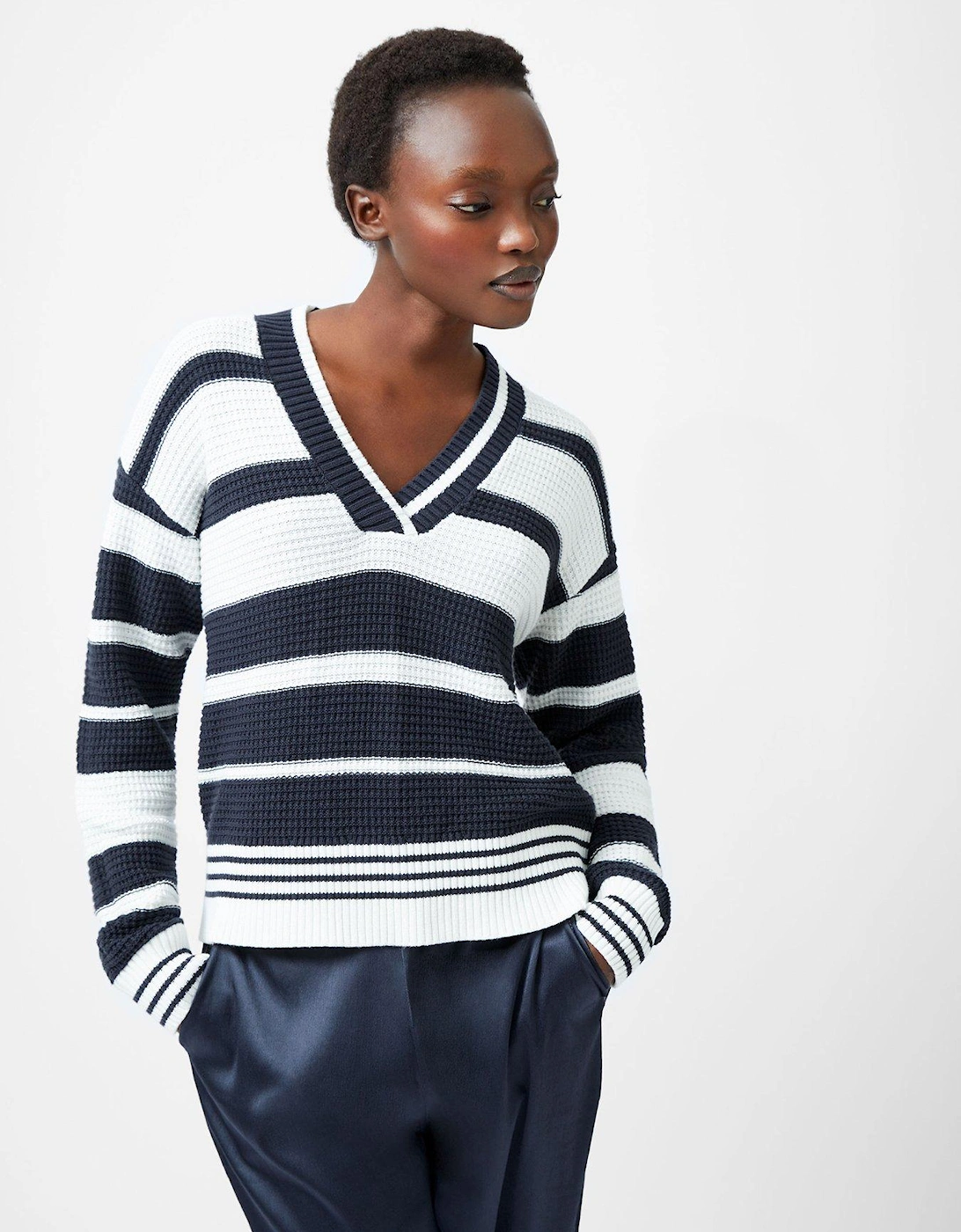 Cable Knit Varsity-Style V-Neck Stripe Jumper - Navy, 2 of 1