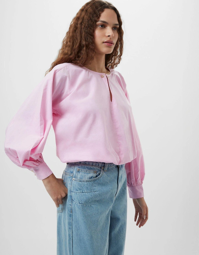 Cotton Ballon Sleeve Keyhole Neck Shirt