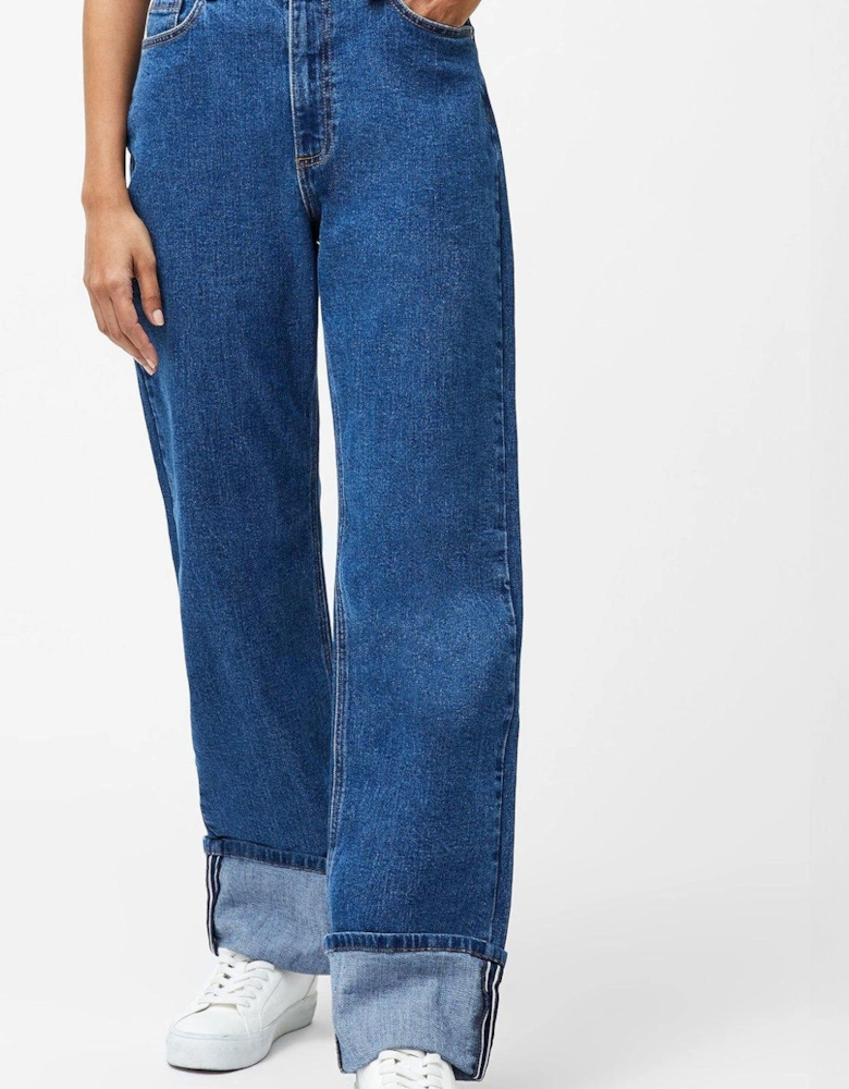 Cotton Stretch Straight Leg Turn Up Denim Jeans